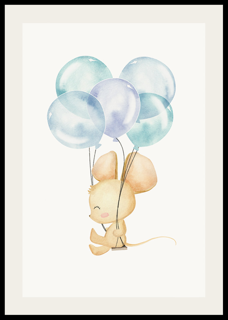 Akvarellillustration av mus med blå ballonger mot vit bakgrund-12