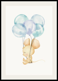 Ilustrație în acuarelă a unui șoarece cu baloane albastre pe fundal alb-2