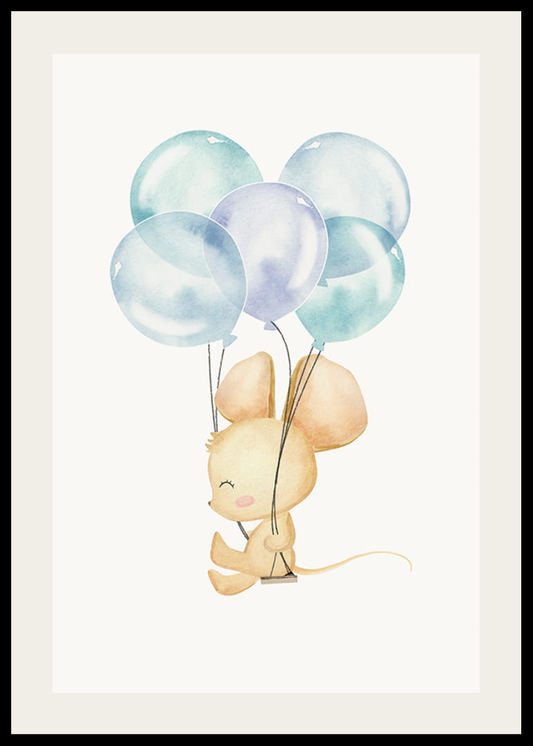 Ilustrație în acuarelă a unui șoarece cu baloane albastre pe fundal alb-12