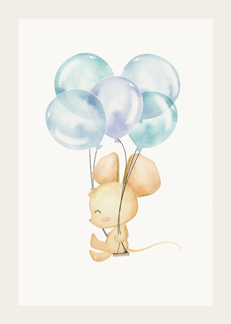 Akvarellillustration av mus med blå ballonger mot vit bakgrund-12