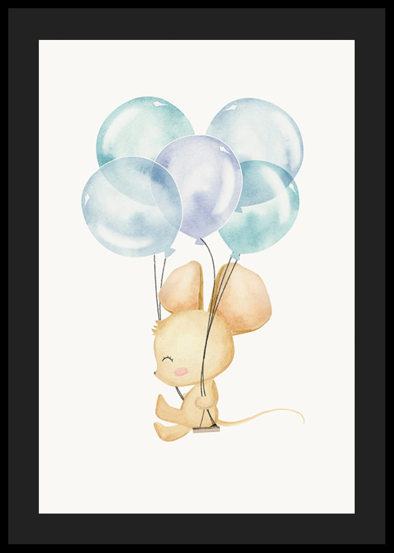 Ilustrație în acuarelă a unui șoarece cu baloane albastre pe fundal alb-12