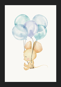 Akvarellillustration av mus med blå ballonger mot vit bakgrund-5