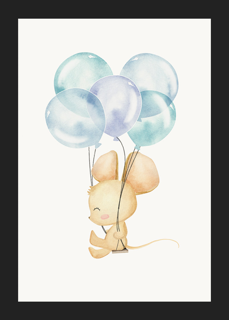 Akvarellillustration av mus med blå ballonger mot vit bakgrund-12