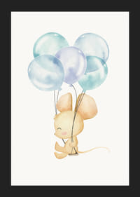 Ilustrație în acuarelă a unui șoarece cu baloane albastre pe fundal alb-5