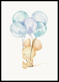 Akvarellillustration av mus med blå ballonger mot vit bakgrund-6