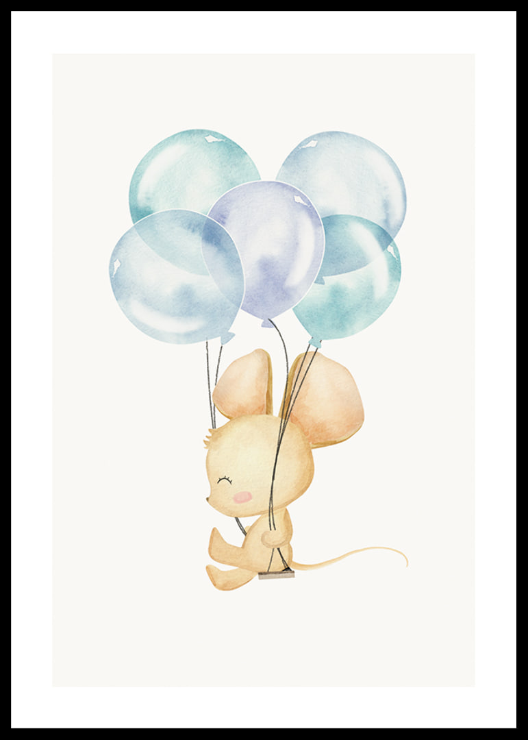 Akvarellillustration av mus med blå ballonger mot vit bakgrund-12