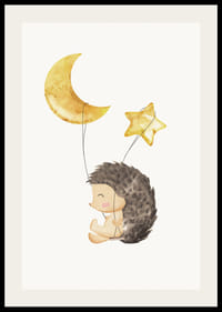 Akvarell illusztrációja sündisznónak Holddal és csillaggal díszített lufikkal-2