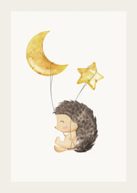 Akvarell illusztrációja sündisznónak Holddal és csillaggal díszített lufikkal-3