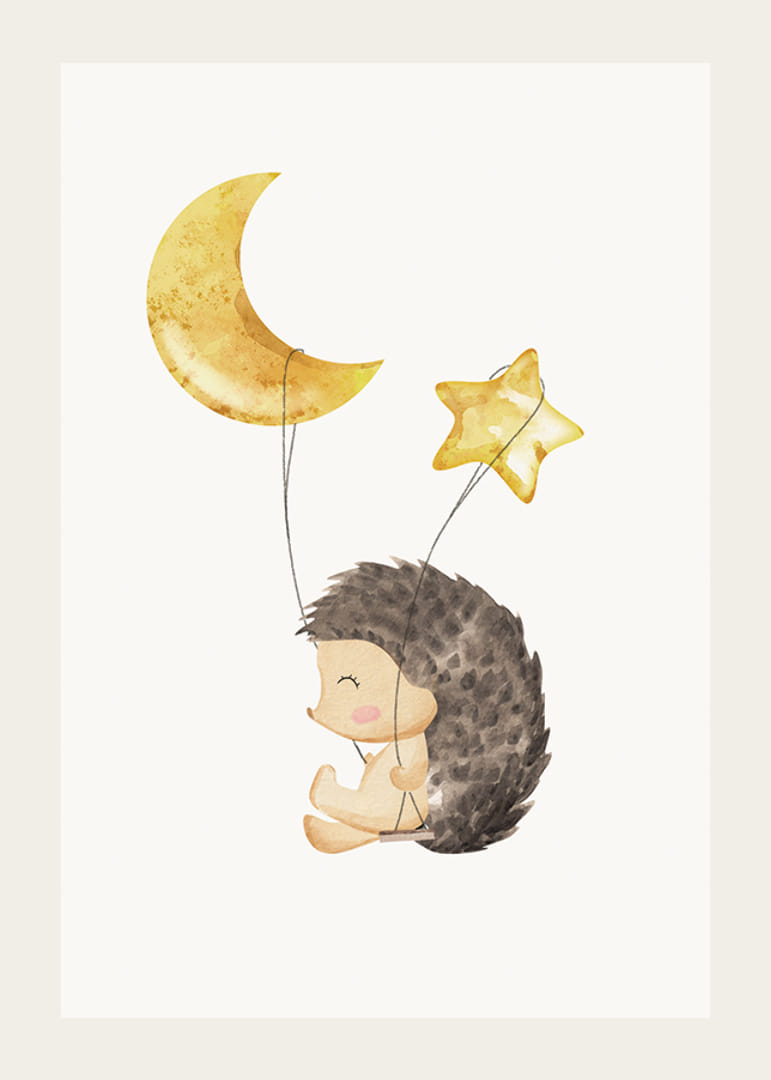 Akvarell illusztrációja sündisznónak Holddal és csillaggal díszített lufikkal-12