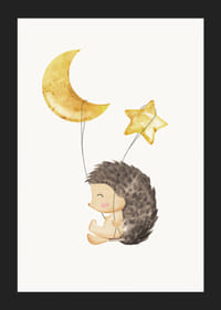 Akvarell illusztrációja sündisznónak Holddal és csillaggal díszített lufikkal-5