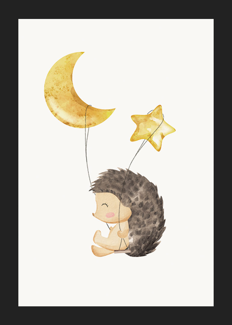 Akvarell illusztrációja sündisznónak Holddal és csillaggal díszített lufikkal-12