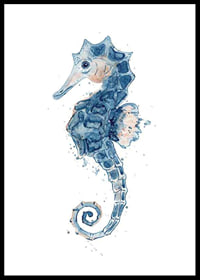 Watercolor painting of blue seahorse against white background, detailed-0