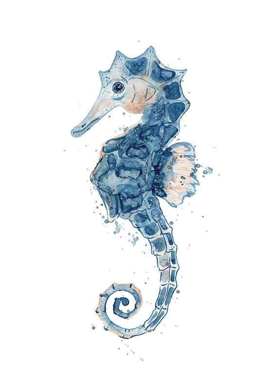 Watercolor painting of blue seahorse against white background, detailed-12