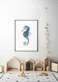 Watercolor painting of blue seahorse against white background, detailed-2