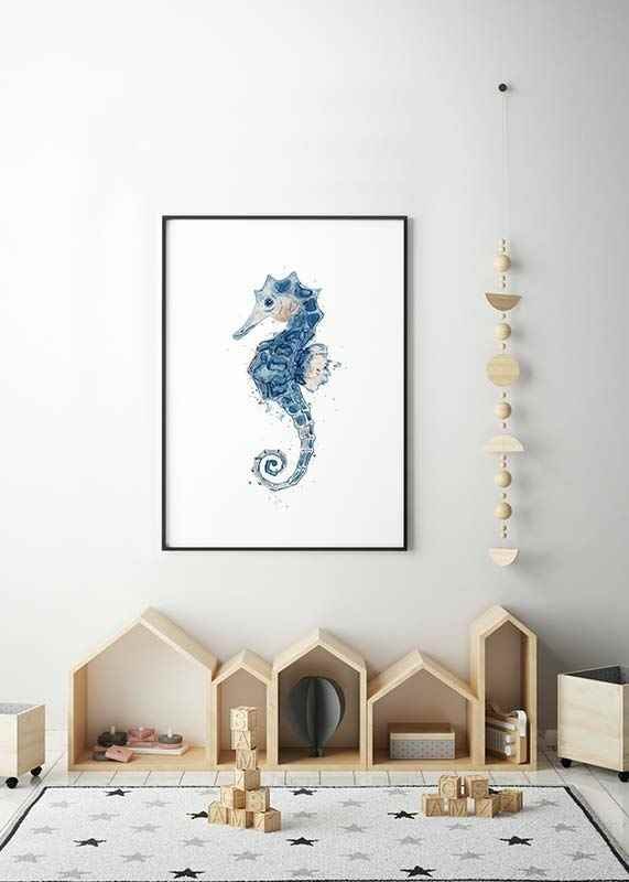Watercolor painting of blue seahorse against white background, detailed-12