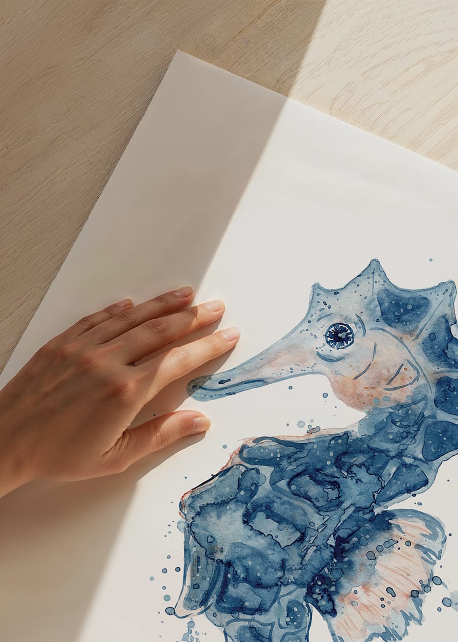 Watercolor painting of blue seahorse against white background, detailed-12