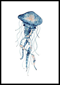 Watercolor painting of blue jellyfish with thin tentacles on white background-0