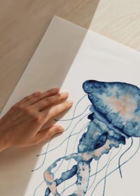Watercolor painting of blue jellyfish with thin tentacles on white background-3
