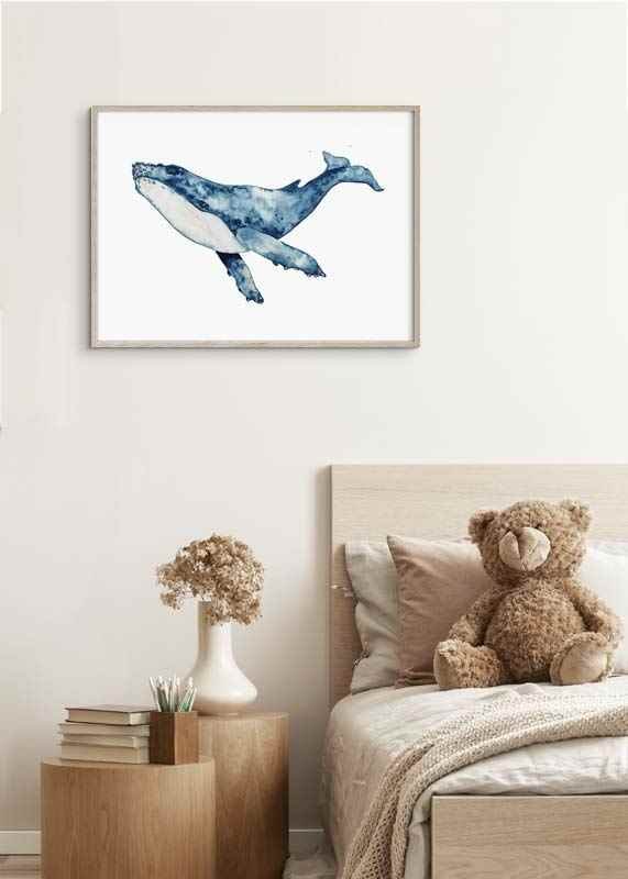 Akvarellillustration av blåval med vita och blå toner-12