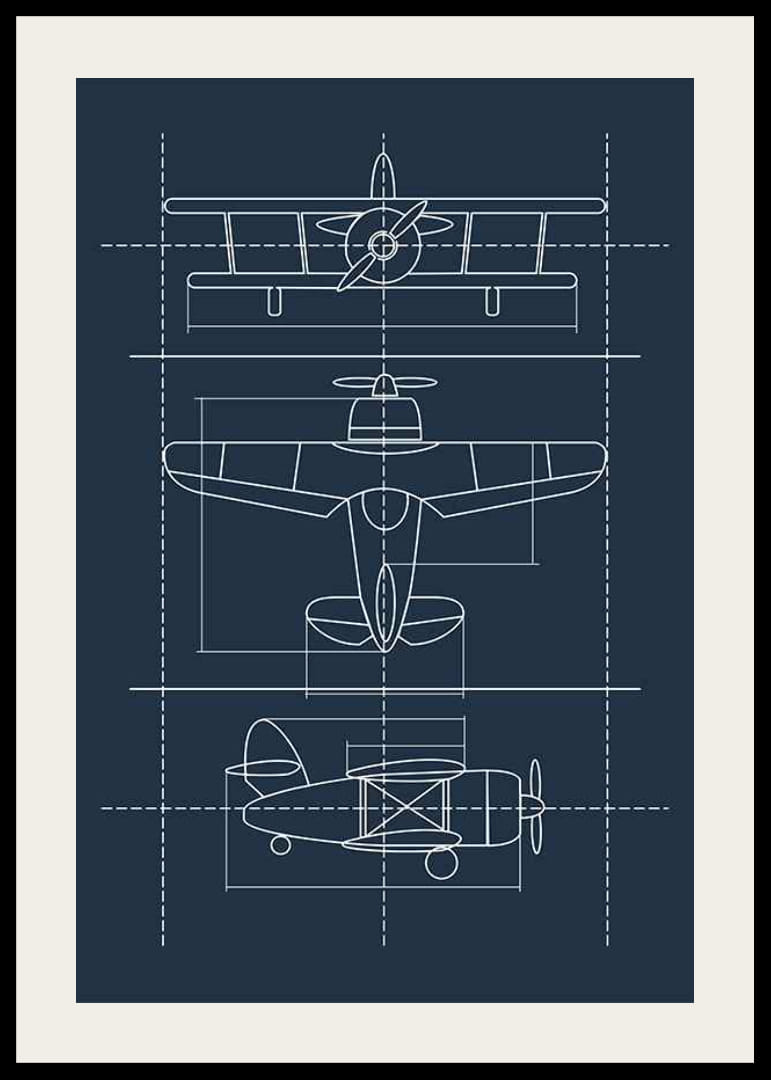 Disegno a tratteggio di un classico aeroplano a elica su sfondo blu-12