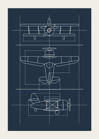 Disegno a tratteggio di un classico aeroplano a elica su sfondo blu-3