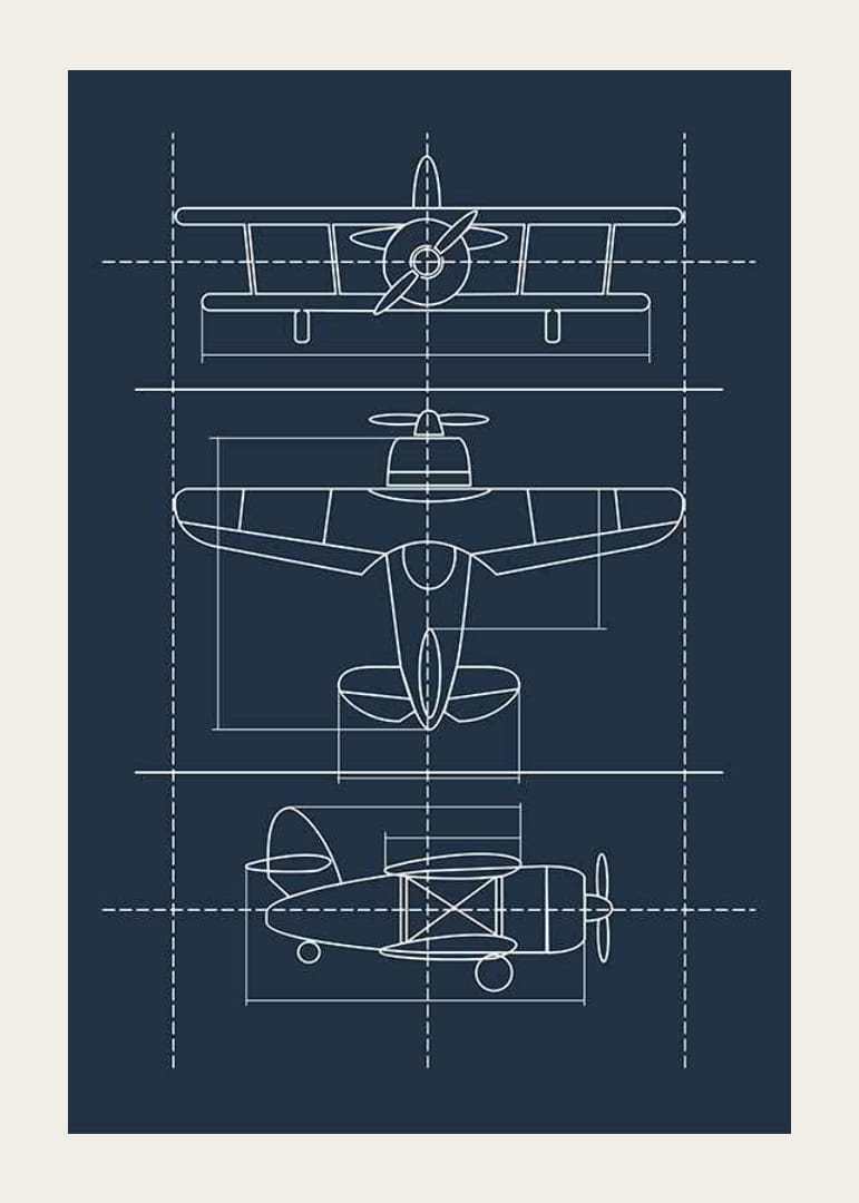 Disegno a tratteggio di un classico aeroplano a elica su sfondo blu-12