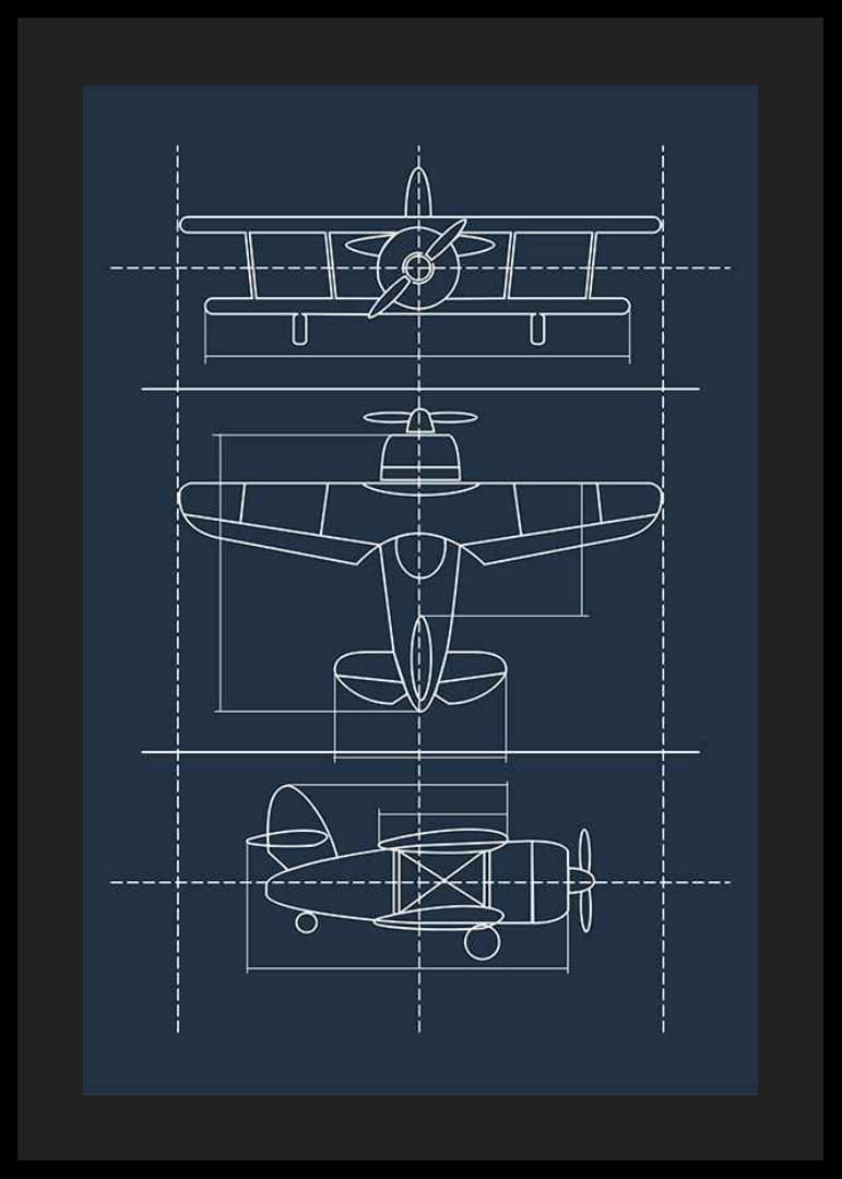 Disegno a tratteggio di un classico aeroplano a elica su sfondo blu-12