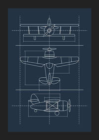 Disegno a tratteggio di un classico aeroplano a elica su sfondo blu-5