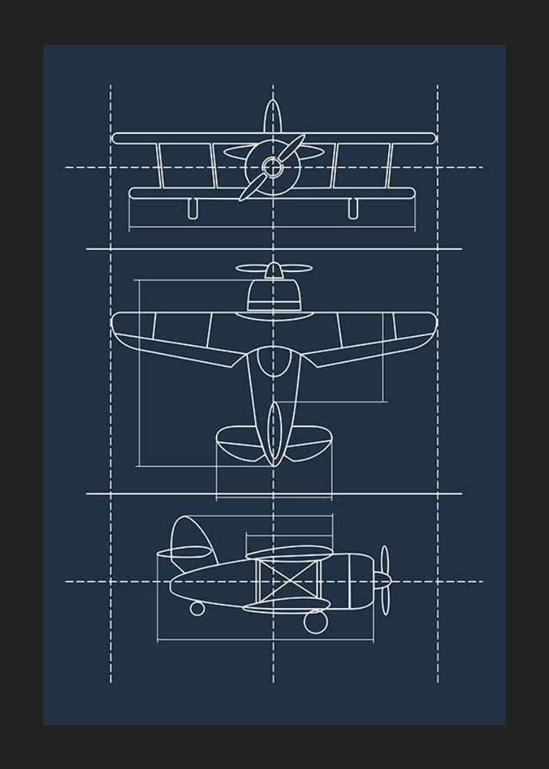 Disegno a tratteggio di un classico aeroplano a elica su sfondo blu-12