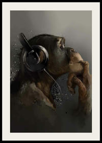 Ilustrovaný šimpanz so slúchadlami na béžovo-sivom pozadí-2