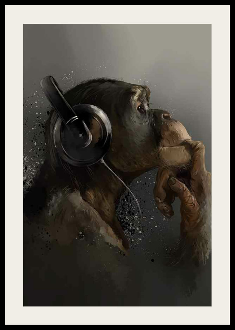 Ilustrovaný šimpanz so slúchadlami na béžovo-sivom pozadí-12