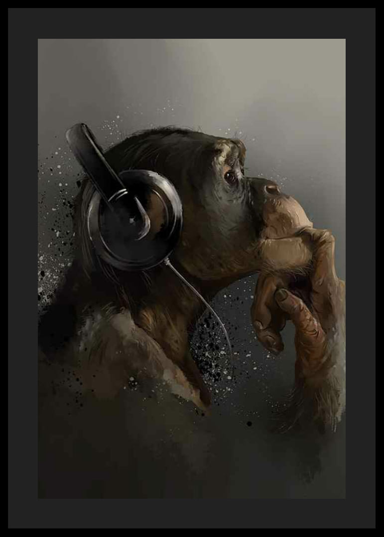 Ilustrovaný šimpanz so slúchadlami na béžovo-sivom pozadí-12