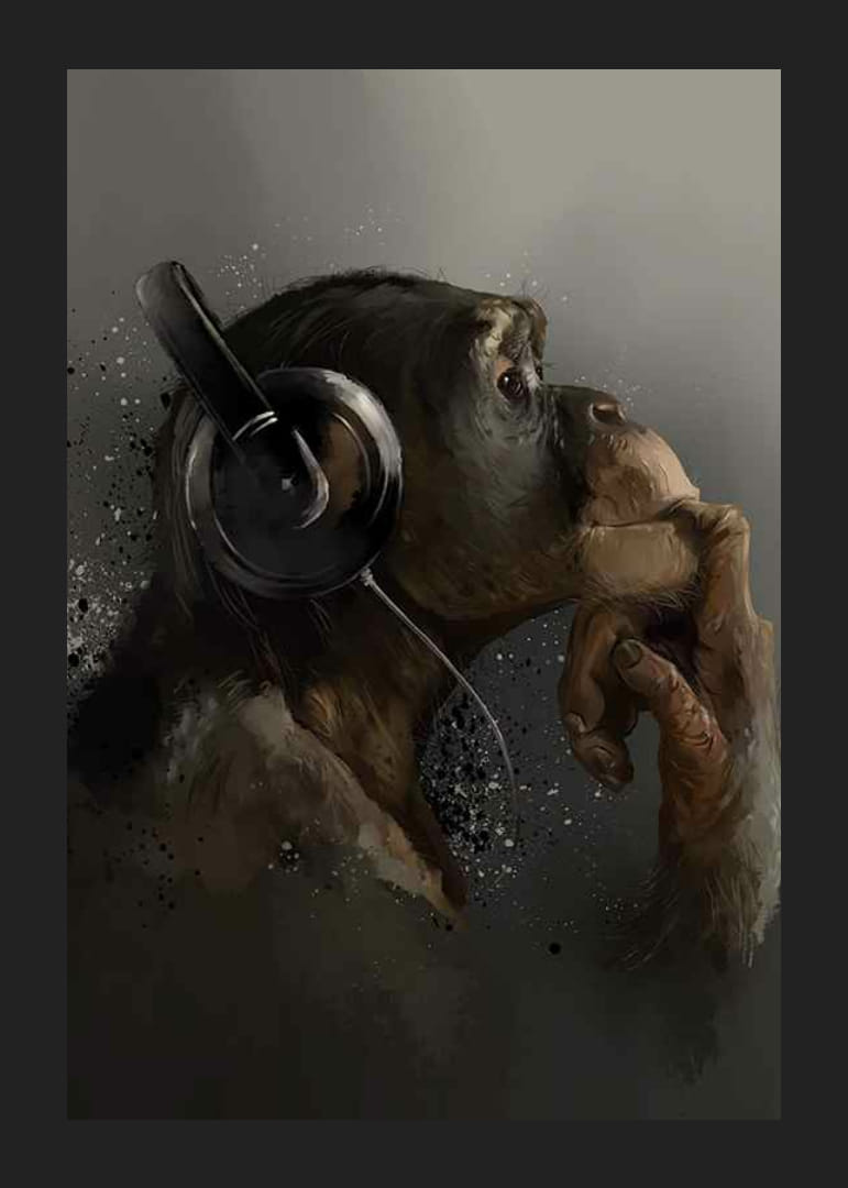 Ilustrovaný šimpanz so slúchadlami na béžovo-sivom pozadí-12