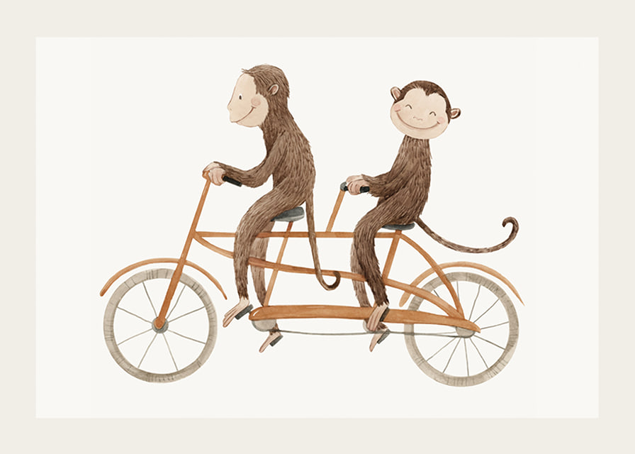 Illustration of two monkeys riding tandem bikes against light background-12