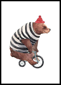 Watercolor illustration of brown bear with striped sweater and red hat on small bicycle-0