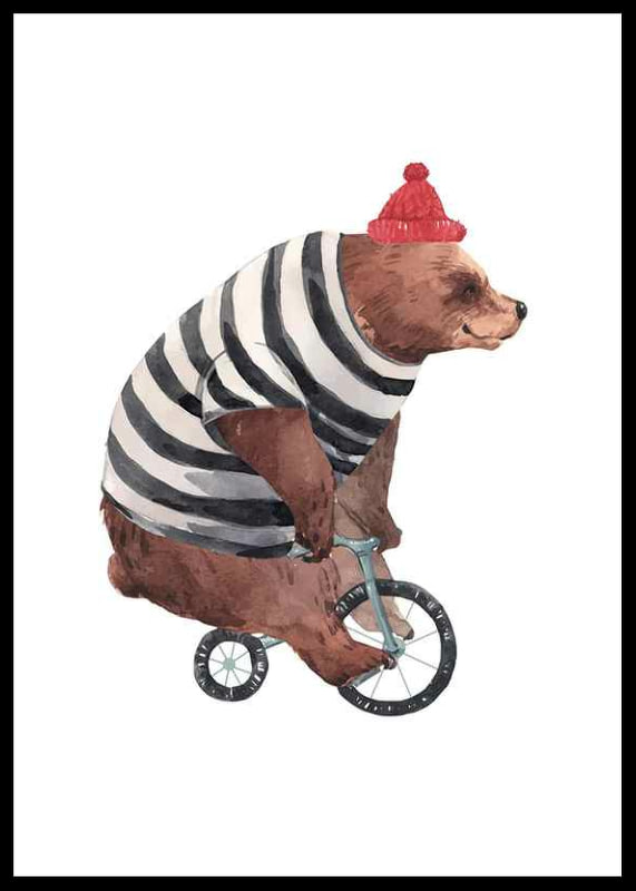 Watercolor illustration of brown bear with striped sweater and red hat on small bicycle-12