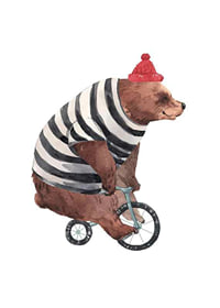 Watercolor illustration of brown bear with striped sweater and red hat on small bicycle-1