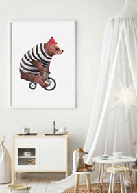 Watercolor illustration of brown bear with striped sweater and red hat on small bicycle-2