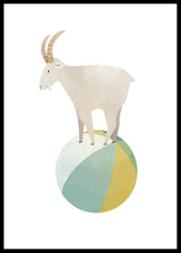 Illustrated goat with horns balancing on colorful ball-0