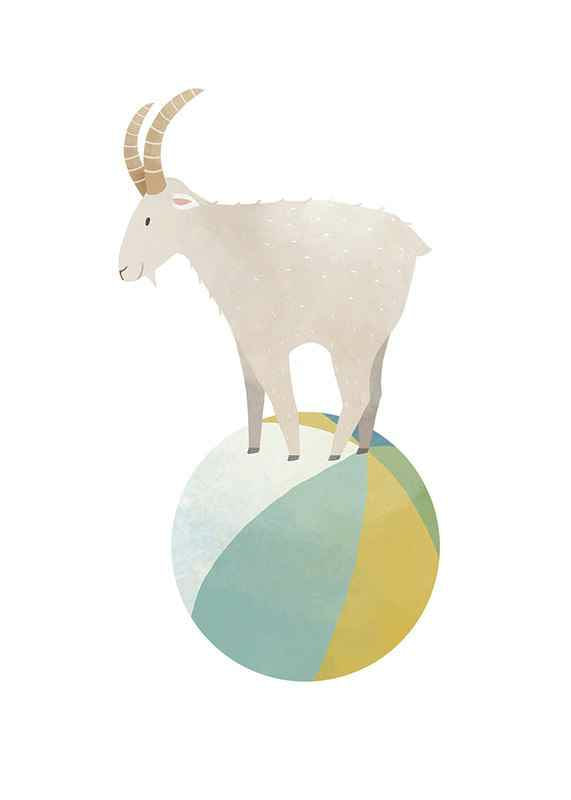 Illustrated goat with horns balancing on colorful ball-12