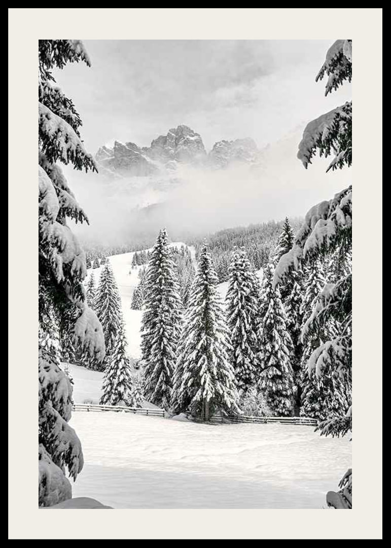 Fotografische Winterlandschaft mit schneebedeckten Tannen und Bergen-12
