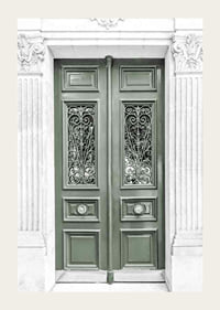 Photograph of green double door with decorative wrought iron-3