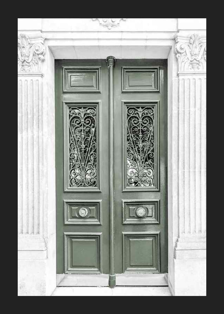 Photograph of green double door with decorative wrought iron-12