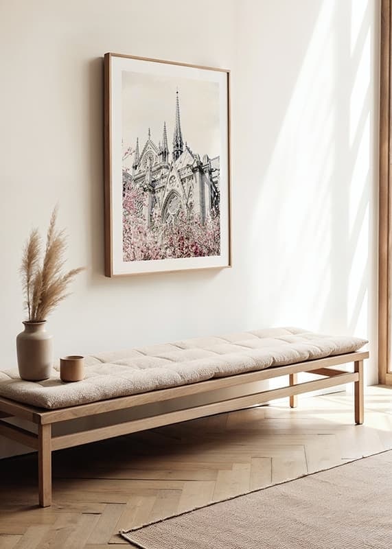Photograph of Gothic cathedral with pink flowering trees-12