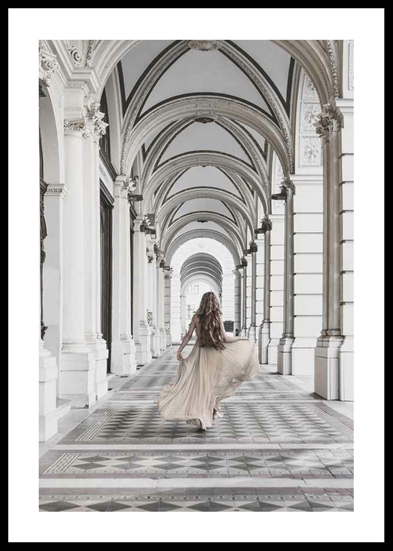 Photograph of woman in beige dress under arches-12