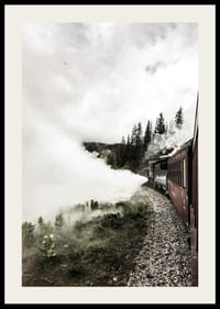 Fotografi av damplokomotiv som kjører gjennom skog med kraftig røyk-2