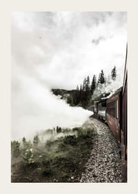 Fotografi av damplokomotiv som kjører gjennom skog med kraftig røyk-3