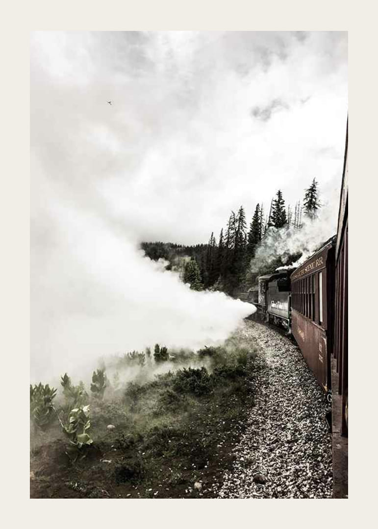 Fotografi av damplokomotiv som kjører gjennom skog med kraftig røyk-12