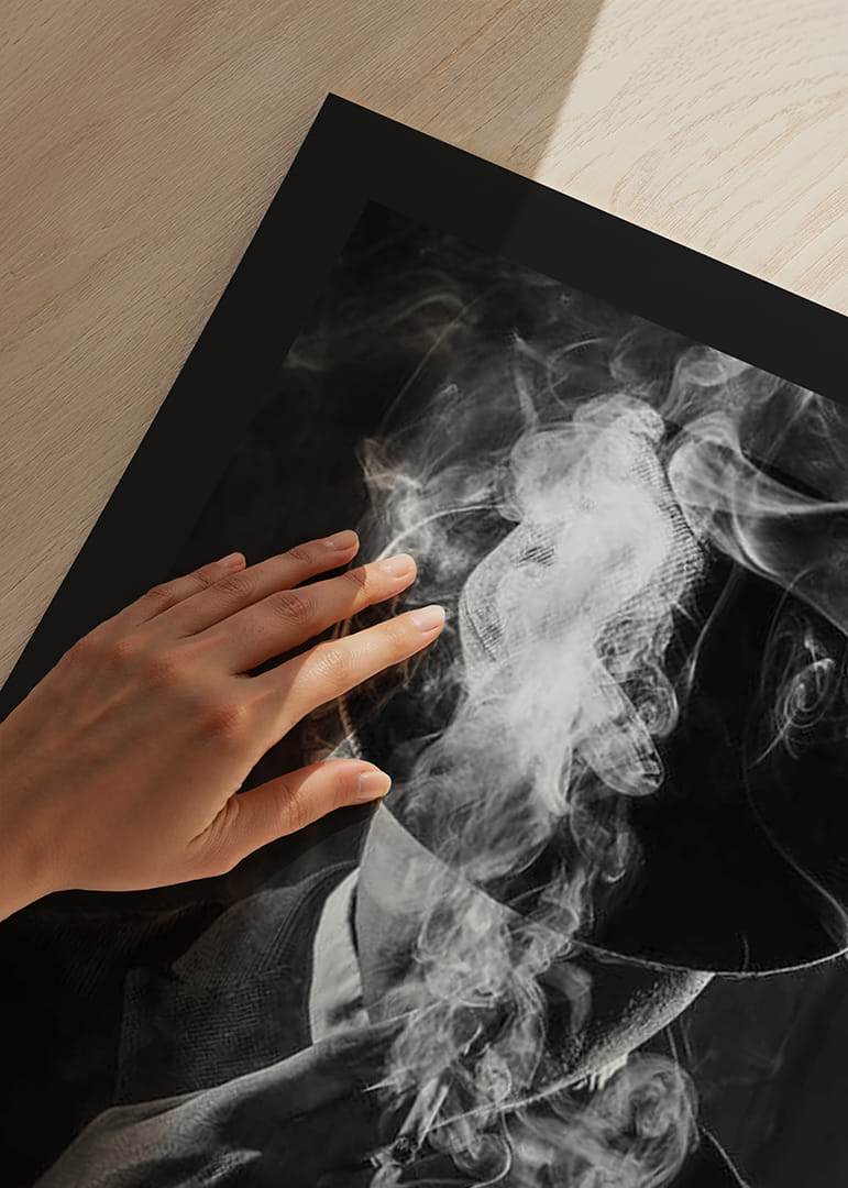 Black and white portrait of man in hat surrounded by cigarette smoke-12