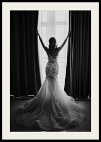 Black and white photo of woman in lace dress by open window-2